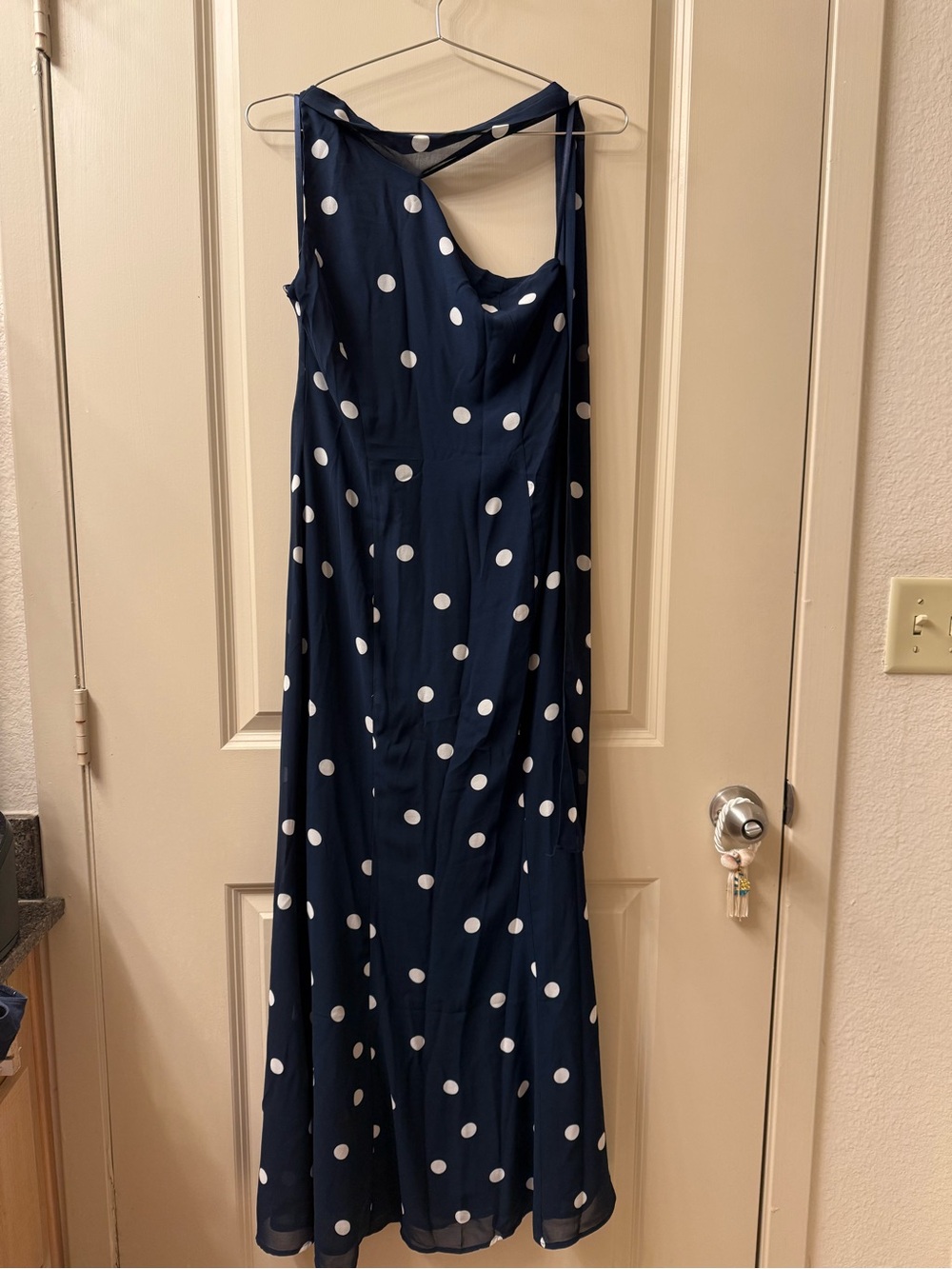 Navy Polka Dot Sleeveless Midi Dress with Scarf